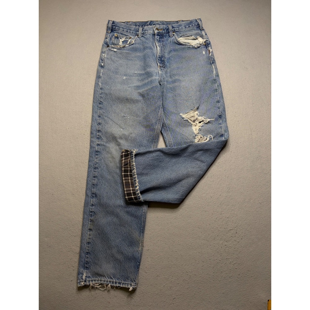 Carhartt Jeans Mens 34x32 Blue B172 DST Relaxed Fit Flannel Lined Distressed Y2K